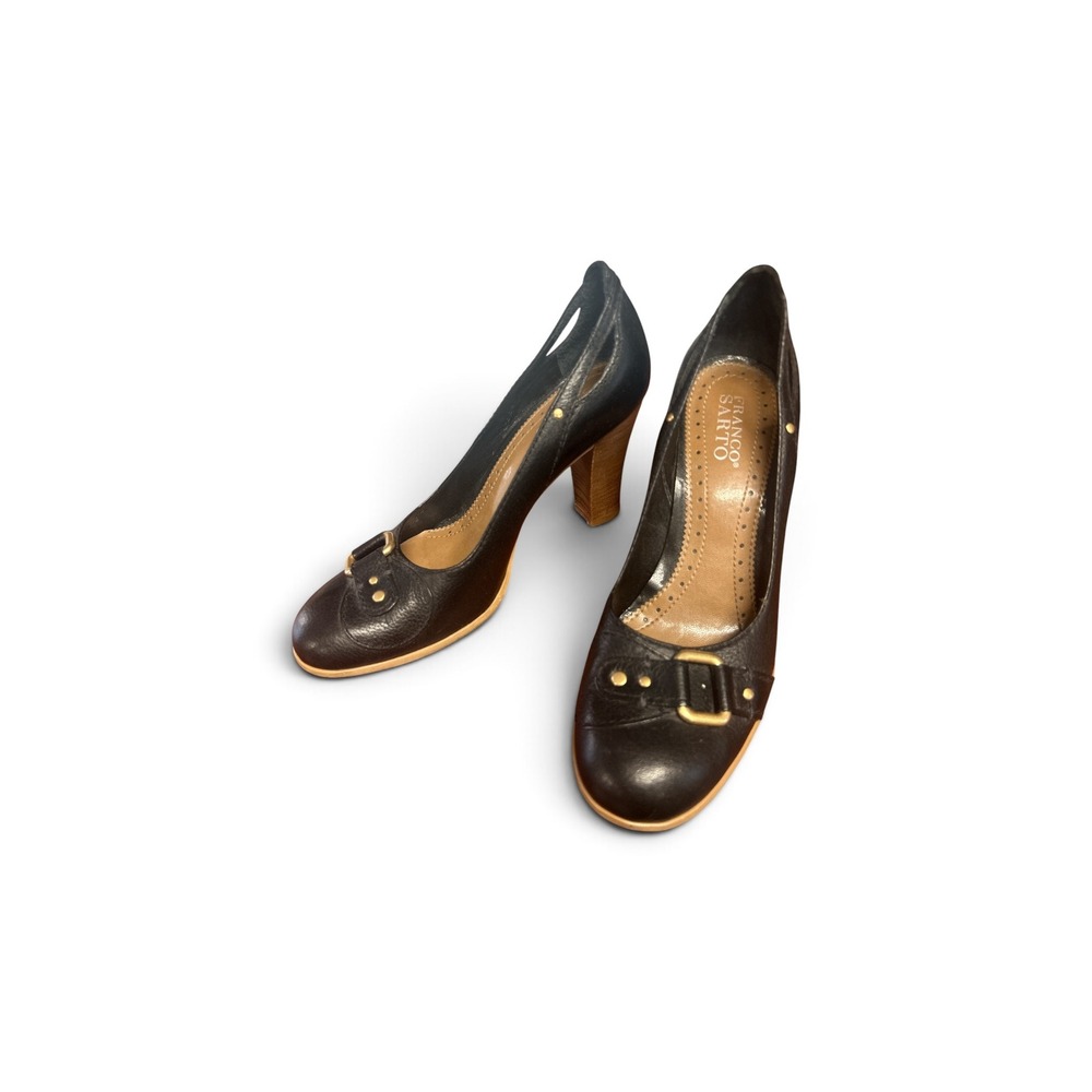 Franco Sarto Black Leather Buckle Block Heel Pumps Round Toe Womens 8.5 M